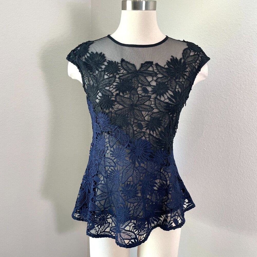 Anthropologie Deletta Womens‎ XS Garden Guise Cap Sleeve Navy Black Lace Blouse